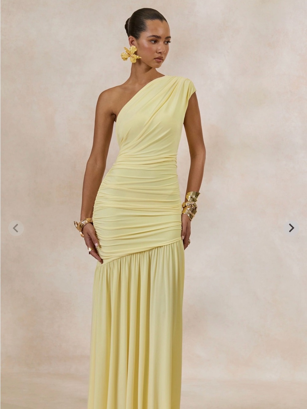 Club L London Lemon One-Shoulder Ruched Evening Gown